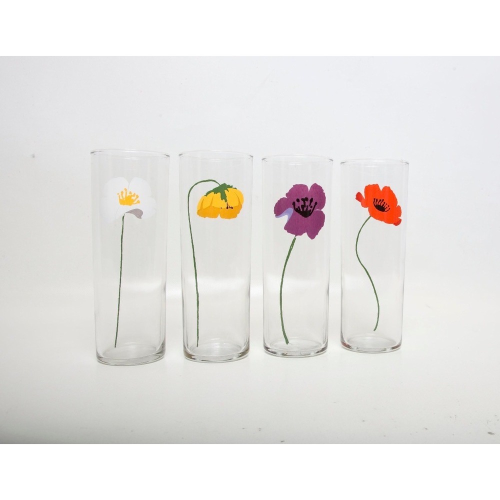 Vintage Anchor Hocking Poppy Tom Collins Glasses Set of 4 Retro Floral Glassware